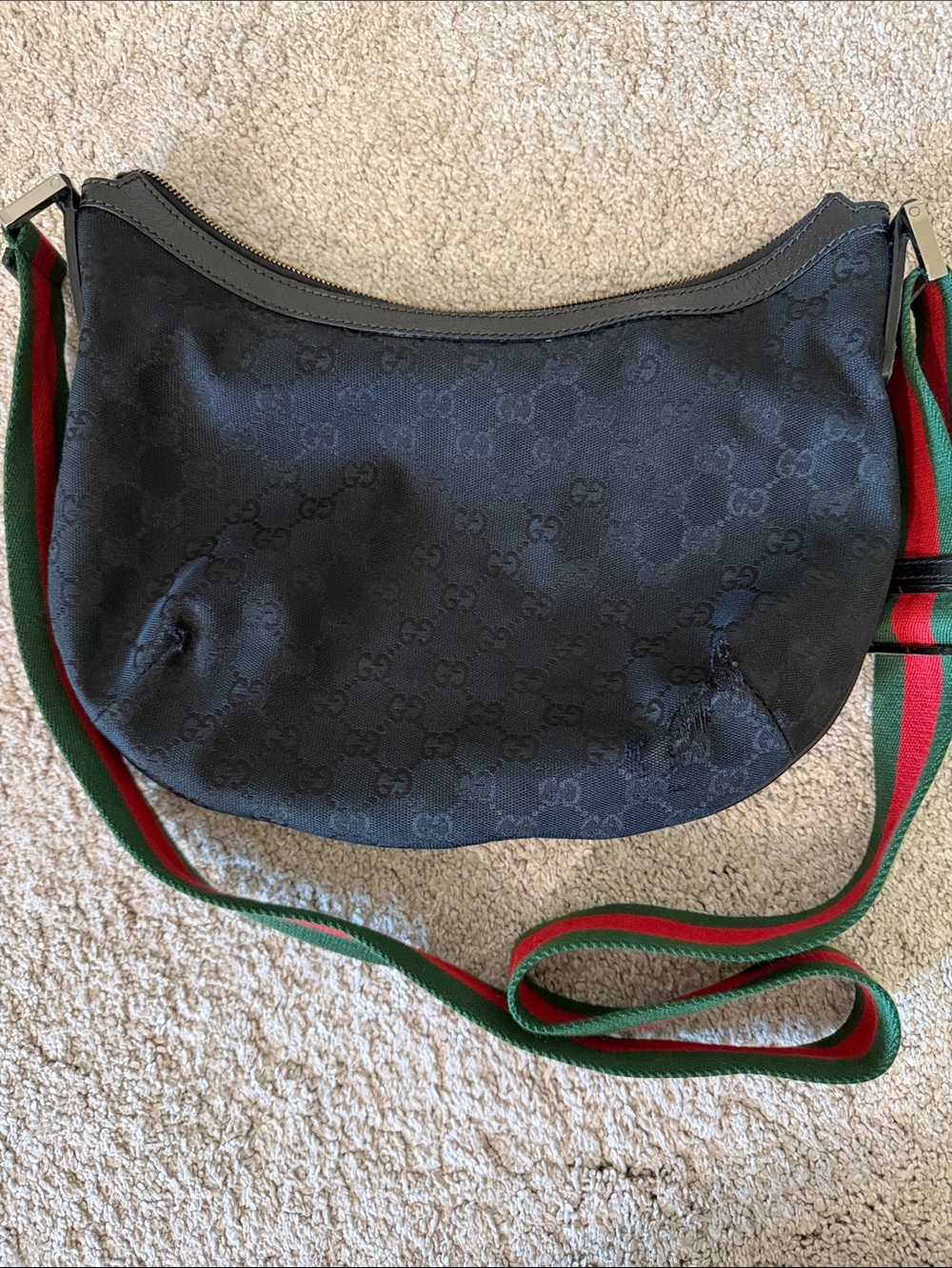 Gucci Black GG Canvas Half Moon Saddle Sherry Web Crossbody Bag - Picture 3 of 11